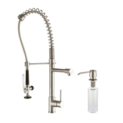 Kraus KPF-1602-KSD-30SS Single Handle Commercial Style Pre-rinse Pull Down Kitchen Faucet, Stainless Steel Finish and Soap Dispenser