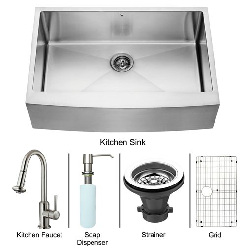 VIGO VG15095 Farmhouse Faucet Grid Strainer Dispenser Single Bowl Kitchen Sink, Steel